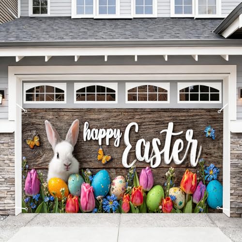 Image of Easter Garage Door Cover 157.48 x 70.87 Inch White Bunny Colorful Eggs Rustic Wood Background Spring Flowers Vibrant Outdoor Garage Decor Easter Celebration Family Gathering Seasonal Yard Display