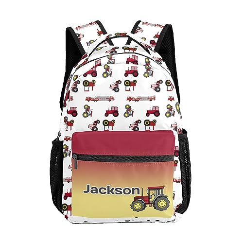 Zaaprint Customized Red Trucks Tractors Waterproof School Backpack with Name for Hiking Camping Picnic