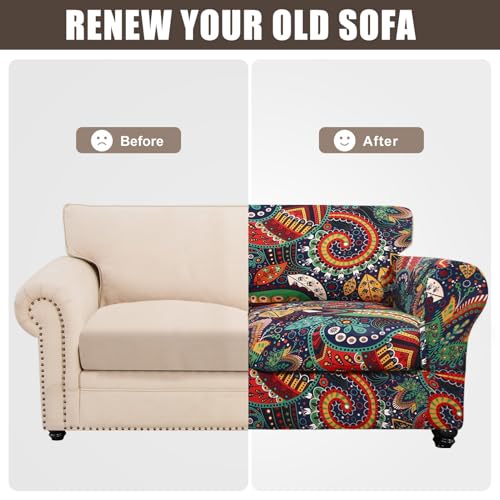 Image of SearchI Sofa Cover Couch Covers, 4 Pieces Sofa Slipcover with 3 Separate Cushion Covers Stretch Soft Furniture Protector for Living Room Couch Cover for Pets Kids(Sofa, Paisley Floral)