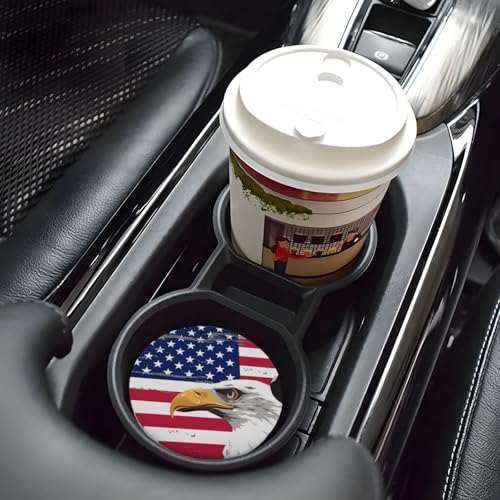 Image of American Flags Eagle Car Coasters for Cup Holder Absorbent Ceramic Cup Coaster 2 Pack Anti Slip Car Interior Accessories with Finger Notch Cork Base for Women Men 2.56 inch