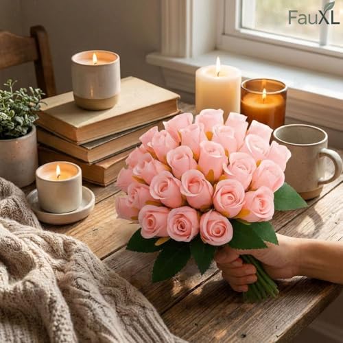 Image of Set of 24 Pcs Artificial Rose Flowers Bunches for Vase - Home Decoration Gift Items for Living Room Corner Table Top Bedroom Wedding (Pot Not Included) - 24 CM (Light Pink)