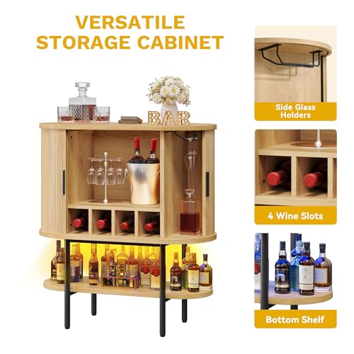 DWVO Bar Cabinet with LED Lights, Oval-Shaped Wine Bar Table with 2 Glass Holders, 4 Wine Racks, Open Shelf, Fluted Coffee Bar Liquor Cabinet for Home, Kitchen, Living Room, Natural Oak