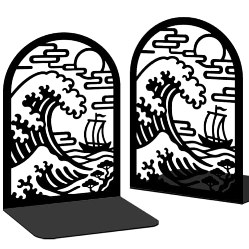 BEUNITONE 1 Pairs Ukiyo-e Style Landscape Black Metal Bookends for Shelves