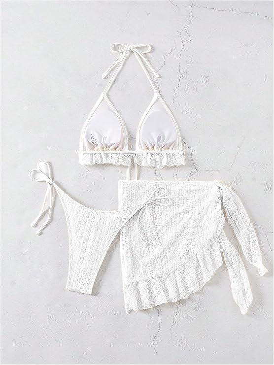 Image of LUXZII Sexy Beach Bikini Set for Women, Women's 3-Piece Crochet Bikini Set with Halter Ruffle Top and Side Tie Cover-Up Skirt - Sexy Swimsuit Beachwear for Summer, Pool, Vacation
