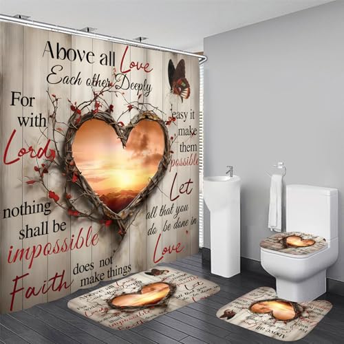 AZHM Sunset Love Heart Shower Curtain Set 4 PCS Inspirational Quote Bathroom Rug Set with Shower Curtain and 12 Hooks
