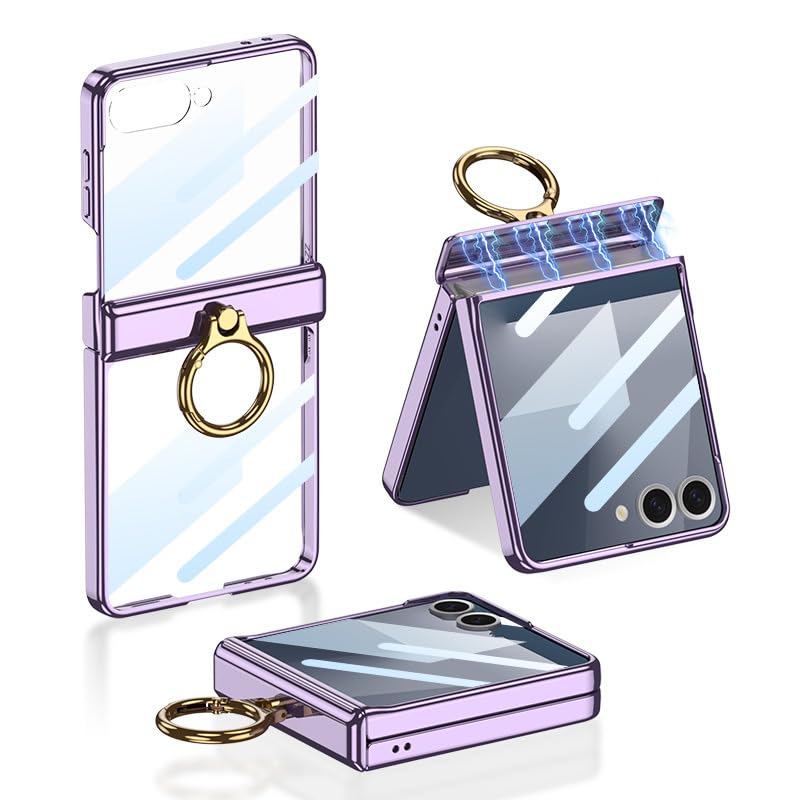 MiorMiar Transparent Magnetic Folding Case with Ring for Samsung Galaxy Z Flip 7, All-Inclusive Protective Cover for Z Flip7, Plated Frame Screen Mask