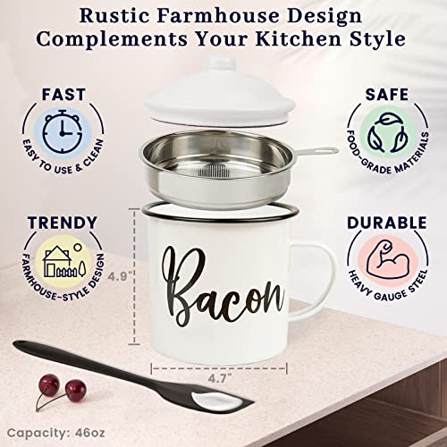 Image of Bacon Grease Container with Strainer - With Food-Grade Silicone Spatula , 46oz Large Enamel Rustic Farmhouse Fat Container , Keeper , Recipes , Dishwasher Safe