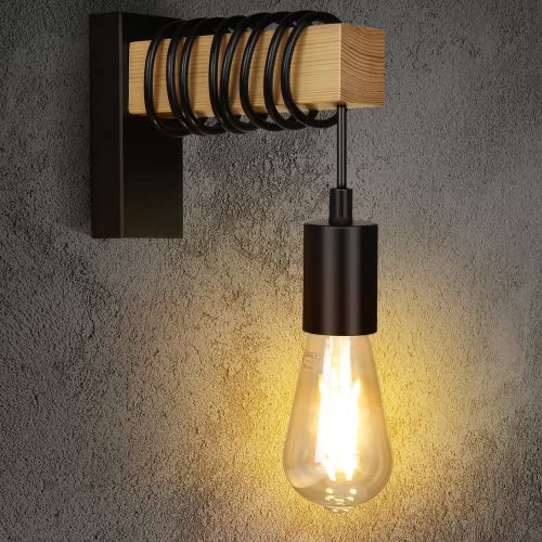 TEMFAU Applique Murale Vintage - Lampe Murale Industrielle en Bois, Longueur de fil Réglable, Base E27, Lamp Interieur Rétro pour Salon, Chambre, Salon, Café, Noir(Sans Ampoule)