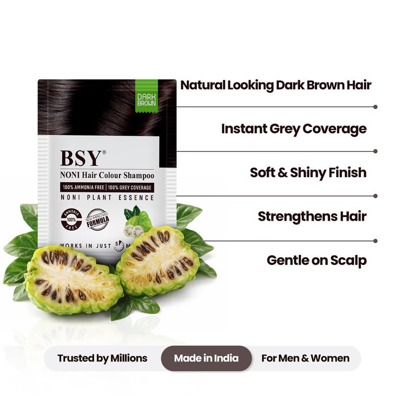 Image of BSY 5-Min 3 IN 1 Natural Hair Color Shampoo Brown | Ammonia Free Long Lasting Hair Color Noni Fruit Extract Based Herbal | No Hair Loss, Grey Coverage Hair Dye Shampoo for Women & Men (20ml-10 Sachet)