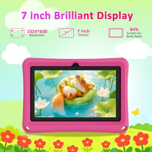 Image of Kids Tablet 7 inch Android 12.0 for Toddler, 4GB RAM 32GB ROM Bluetooth IPS Screen Parental Control Dual Camera Shockproof Case for Educational Games (Pink)