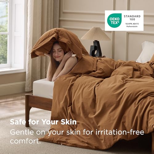 Image of Bedsure 100% Washed Cotton Duvet Cover Queen Size - Hazelnut Brown Minimalist Bedding Set Linen Like - PureWoven Plain Simple & Soft Comforter Cover for All Seasons (Hazelnut Brown, Queen, 90 inchx90 inch)