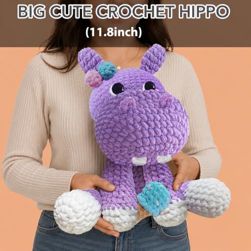 Image of CODGP Crochet Kit for Beginners, 11.8-Inch Hippo Crochet Kit for Adults | Crochet Starter Kit Gift, Animal Amigurumi Kit, Durable Chenille Yarn, Full Supplies, Step-by-Step Videos, for Crochet Lovers