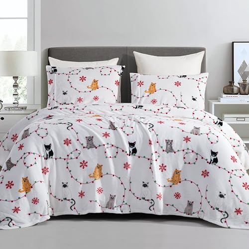 Elegant Comfort Luxuriously Soft 4-Piece Holiday Velvet Plush Flannel Sheet Set - Premium Quality - Cozy Warm, Christmas Fuzzy Velvet Flannel Fleece Deep Pocket Sheet Set - Cal King, Jingle Cats