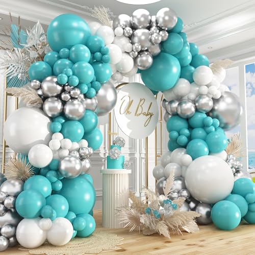 Image of 412Pcs Teal Silver White Balloon Garland Arch Kit, 18 12 10 5 Inch Different Size White Metallic Silver Teal Balloons Balloons,for Birthday Party Graduation Baby Shower Wedding Holiday Decoration