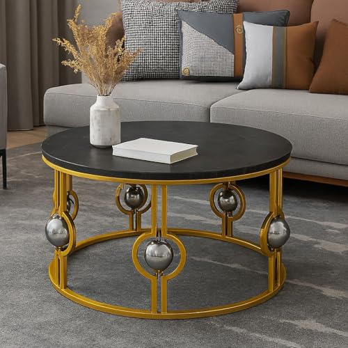 Image of Nesting Tables Made of Engineered Wood Coffee Table, Small Accent End Table, Round Sofa Side Table, Living Room, Bedroom Golden Black