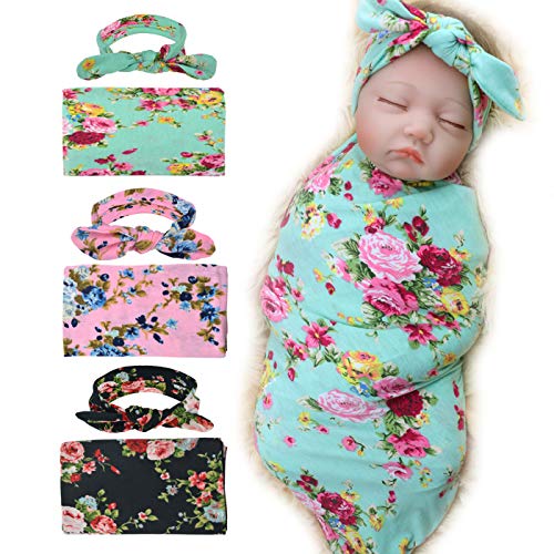 Image of DRESHOW BQUBO 3 Sets Receiving Blanket with Headbands Newborn Baby Floral Printed Baby Shower Swaddle Gift