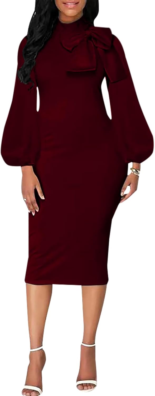 BestGirl Women's Bishop Sleeve Bodycon Dresses Work Casual Floral Print Pencil Midi Dresses - Image 3