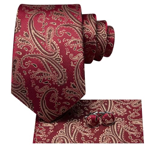 Image of Hi-Tie Paisley Floral Ties Set for Men Silk Mens Stripes Necktie Pocket Square Cufflinks Set Formal Business