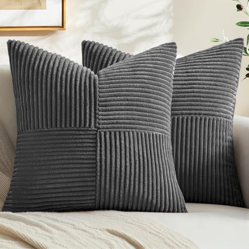 Image of MIULEE Grey Decorative Throw Pillow Covers 18x18 Inch for Couch Bed Sofa Pack of 2 Boho Farmhouse Throw Pillows Soft Cross Corduroy Patchwork Textured Cushion Cases