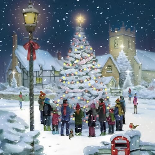GBCC Charity Christmas Cards Pack of 10 - Carols Around the Tree Design - Foil Finish - Premium Festive Greeting Cards Multipack with Envelopes - Supporting UK Charities