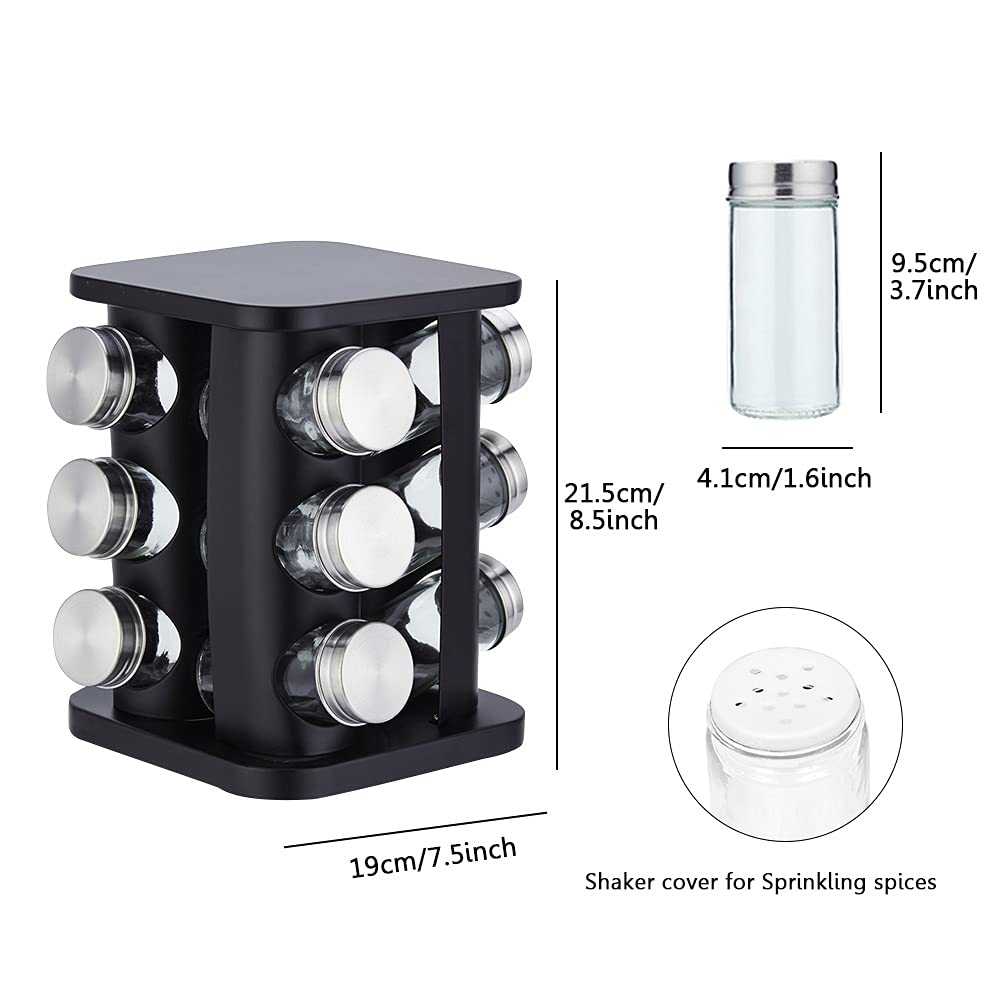 Étagère à épices rotative en acier inoxydable pour 12 pots - Organiseur de comptoir carré - Tour de rangement pour assaisonnements - Pour cuisine - Noir