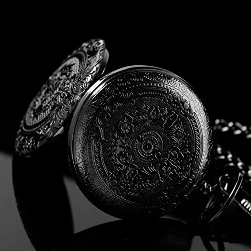 Black Large Decorative Flower Pattern Pocket Watch White Roman Digital Scale Quartz Pocket Watch, Men's Chain Christmas/Graduation/Birthday/Father's Day -Black #TOP5