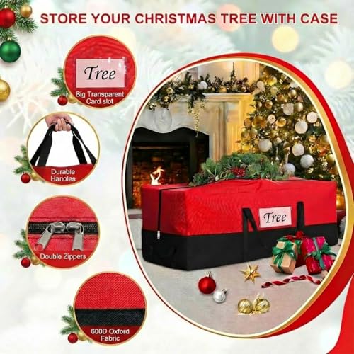 Image of Christmas Tree Storage Bag, Fits 8 Ft Artificial Trees, Red | Wide Dual-Zipper Opening, Reinforced Handles, Clear Label Pocket, Tear-Resistant 600D Oxford, Dust and Moisture Protection