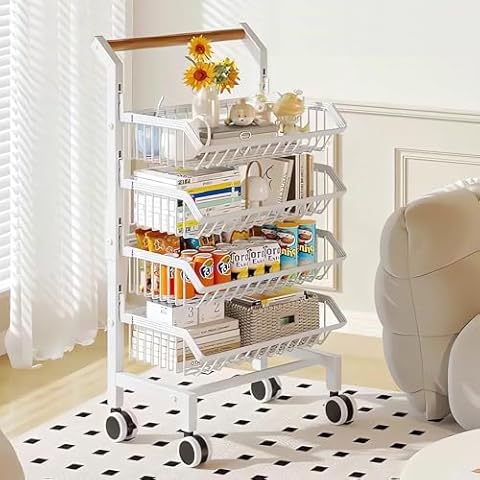 Yagizaai 4 Tier Metal Rolling Cart with Lockable Wheels, Heavy Duty Utility Carts with Adjustable Baskets and Wood Handle, Multi-Functional Storage Trolley for Living Room, Kitchen, Bathroom, White Cover