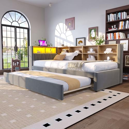 DACHETOU Sofá cama de 90 x 200 cm, cama nido de 90 x 190 cm, equipado con muchos compartimentos, cama tapizada, cama multifunción, sofá cama individual de franela, color gris oscuro, sin colchón