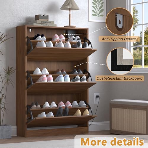 Image of BORNOON Shoe Cabinet with Odor Control and Back Panels, Deodorizing Slim 3-Flip Shoe Storage Cabinet for Entryway, Freestanding Hidden Shoe Rack Organizer for Entrance, Hallway, Bedroom