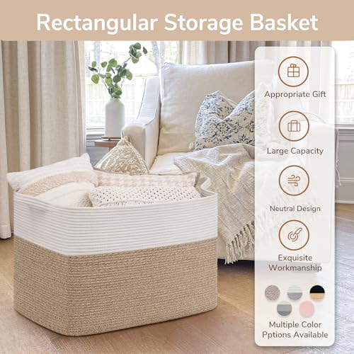Image of Goodpick 105L Extra Large Woven Rope Blanket Basket, White & Light Brown