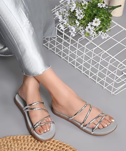 Image of JM LOOKS Women Minimalist Multi Strap Flat Sandals Daily Wear Comfort Open Toe Slip On Slides