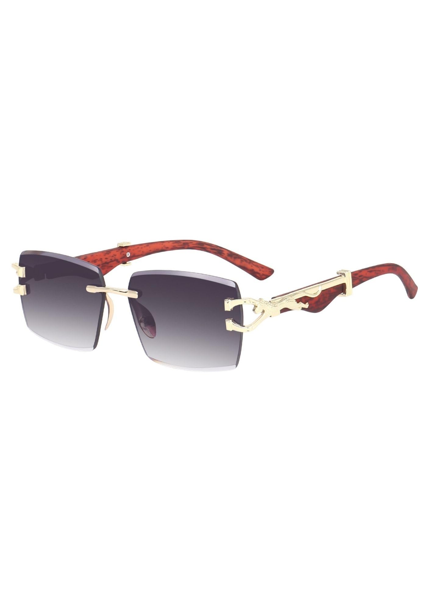 Luxury Rimless Panther Sunglasses for Men & Women Frameless Googles Retro Wood Arm Designer Eyewear Gold Cheetah Metal UV400 Tinted Square Lenses Mc Stan Inspired Hip Hop Fashion-image-30