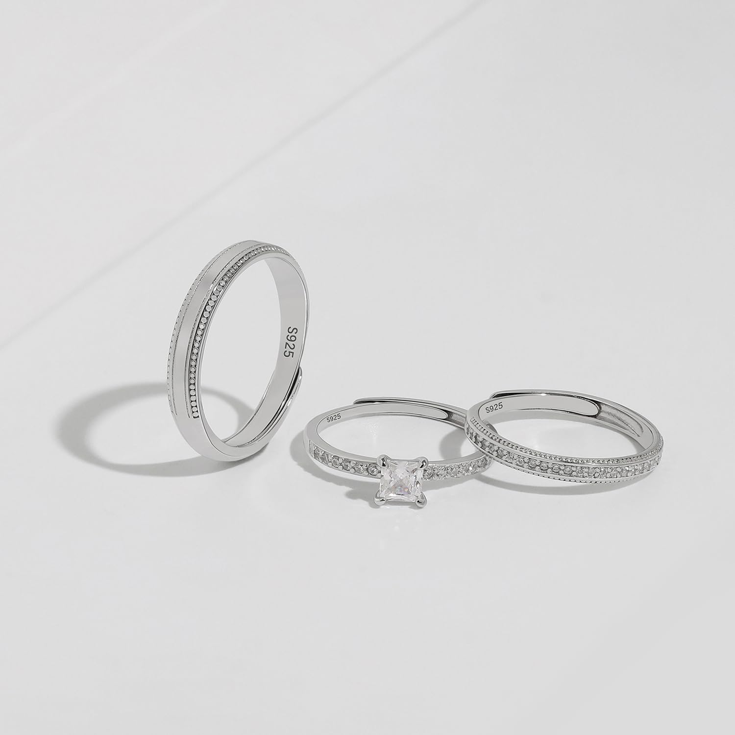 Meissa Set de 3 Anillos de Compromiso Alianzas de Plata Pareja de Ley 925 Zircón Corte Princesa Anillos Ajustables para Pareja Anchos