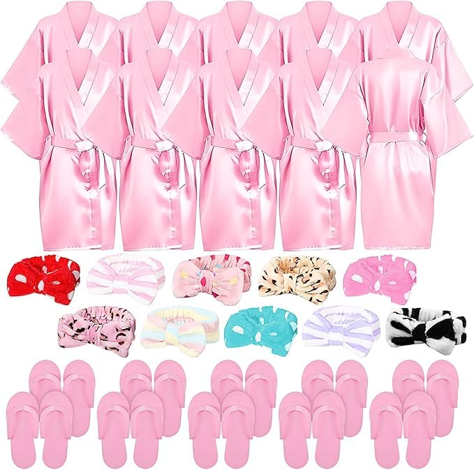 KDXBQ 30 Pcs Spa Party Supplies for Girls 10 Kimono Robe V Neck Bathrobe 10 Soft Spa Headband 10 Disposable Foam Slippers (UK Numeric 130 Regular Pink)