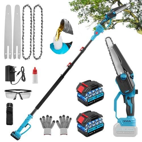 Cordless Pole Saw 8.3Ft, 2 in1 High Branch Saw and 8 Inch Mini Chainsaw with Extension Pole, Long Reach Battery Powered Brushless Electric Pole Saw with 2x3000mAh Batteries, for Tree Trimming Pruning