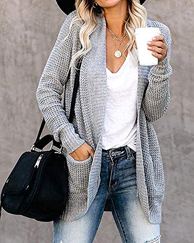 Xpreen Womens Long Sleeve Open Front Cardigan Casual Lightweight Waffle Knit Sweaters Outerwear with Pockets Grey