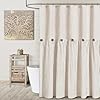 Awellife Linen Button Farmhouse Beige Shower CurtainLinen and Cotton Woven FabricPleated Brown StripeCountry Style72x72 Inch