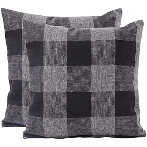 JOTOM Plaids Tartan Linen Throw Pillow Covers Cushion Cover for Home Sofa Car Decorative Pillowcases,Set of 2,45 x 45cm (Checkered,Black Grey) Cover