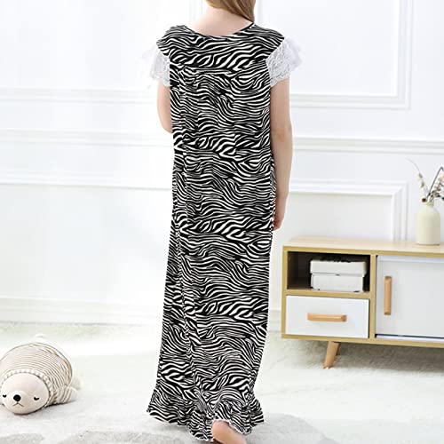 Girls Striped Maxi Dress N𝐢ghtgowns Short Sleeve Crew Neck Lace Long 𝗟ounge Dresses Sl𝐞epwear Kids Sl𝐞epers Gowns3