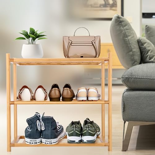 Akloya Small Shoe Rack, Multipurpose 3 Tier Shoe Organizers Rack,Small Bamboo Shelfs for Shoes Plants, Books, Living Room - Image 4
