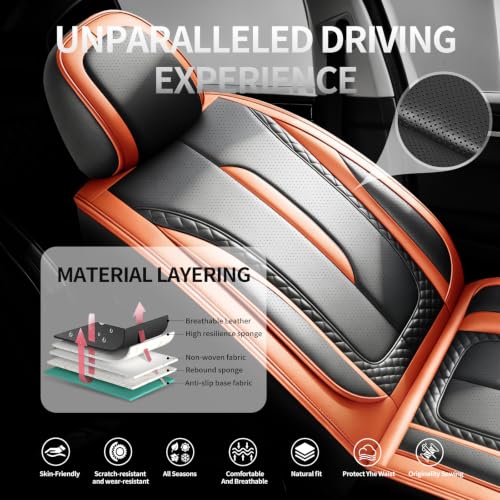 Image of Fit Outback Car Seat Covers Compatible with Subaru Outback 2010-2025 2026 - Premium Breathable Leather,Airbag Compatible,Waterproof All-Weather Seat Cushion Protector, Full Set Orange&Black