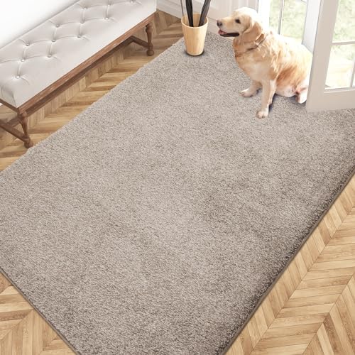 PURRUGS Easy Care Area Rug 4ft x 6ft, Non-Slip Machine Washable Entryway Rug, Dog Door Mat, Stain Resistant Accent Rug for Hallway, Living Room, Bedroom and Mudroom, Taupe