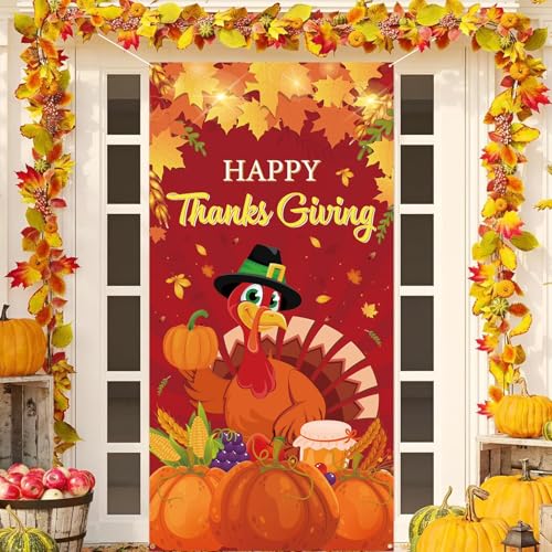 Happy Thanksgiving Door Cover Banner 72 x 36 Inch Large Thanksgiving Party Decorations with Pumpkin Autumn Harvest Turkey Designs Photo Wall Backdrop Front Door Fall Decor Indoor/Outdoor Porch Sign