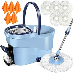 MASTERTOP Spin Mop and Bucket with Wringer Set, Foot Pedal, Easy Wring Floor Cleaning System, Stainless Steel Handle, 5 Microfiber Mop Pads, 5 Cleaning Clothes, Hardwood Laminate Tiles Marble