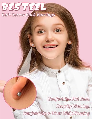 BESTEEL Silver Hypoallergenic Earrings for Girls Ages 8-12, Screw Back Stud Earrings for Kids, Cute Flat Back Surgical Steel Earring for Little Girl Sensitive Ears, Tiny Screwback Toddler Earrings Set3