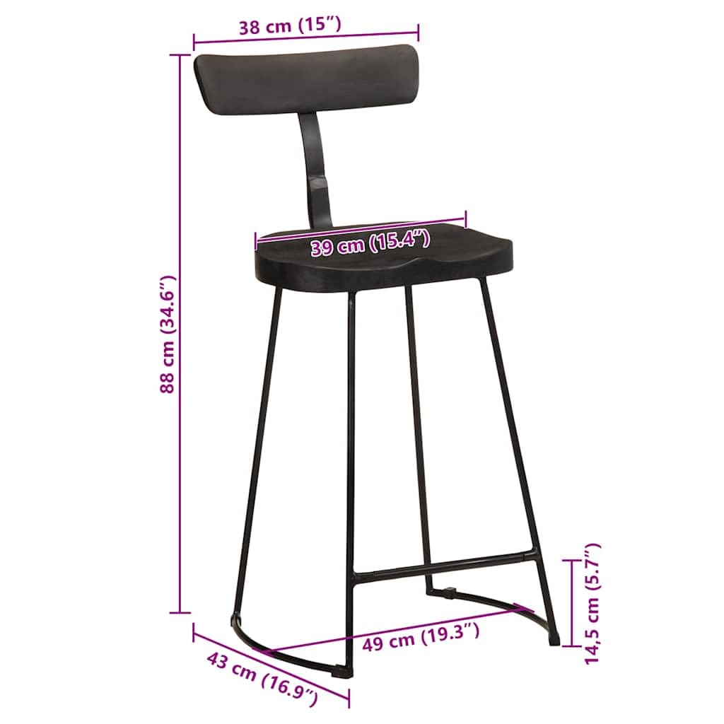 Taburetes Bar 2pcs Madera de Mango Sólido Negro Con Patas De Metal