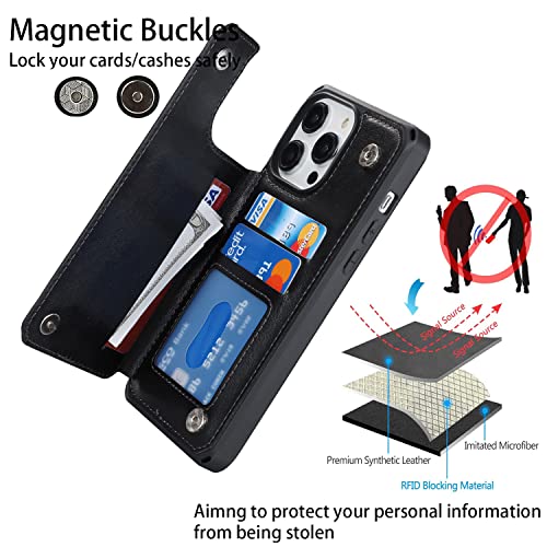 Image of Cavor for iPhone 14 Pro Case Wallet with Card Holder Case [3 Card Slots] [with Lanyard] PU Leather Flip Shockproof Cover for Women and Men - Black