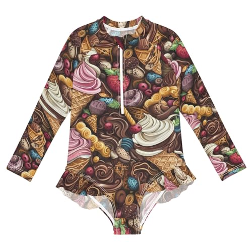 ALAZA Swimsuit for Girls Long Sleeve Rashguard Bathing Suit Ice Cream Chocolate Quick Dry 4T