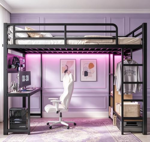 Image of Bellemave Queen Size Loft Bed with Desk,with USB Ports, Lights, and Hanging Rod, Cave Board Design, Metal Queen Loft Bed Frame for Adults, Kids, Teens, Black